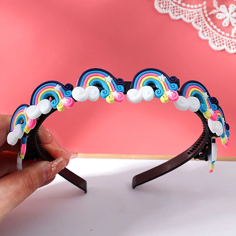 Children's Cartoon Headband Little Girl Pressure Hairpin Broken Hair Finishing Hair Accessories Girl Braided Headband Rainbow