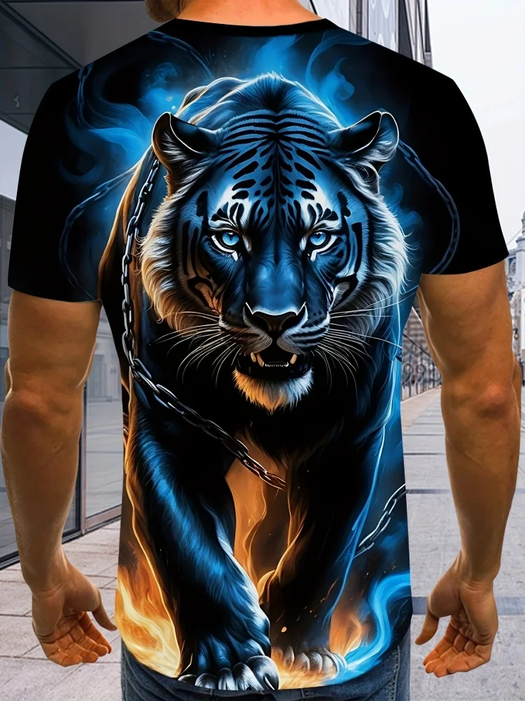 2025 Fashion Tiger Print Men's T-Shirt Summer Crew Neck Outdoor Street Short Sleeve Tee Casual Oversized T-Shirt Clothing Tops