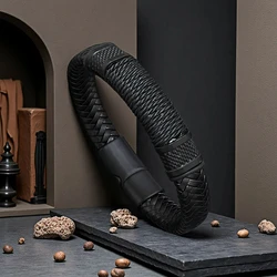 New Unique Men Bracelet Bangle Handmade Braided Leather Braslet Black Silver Color Wrap Braclet Perfect Gift For Him Accessories