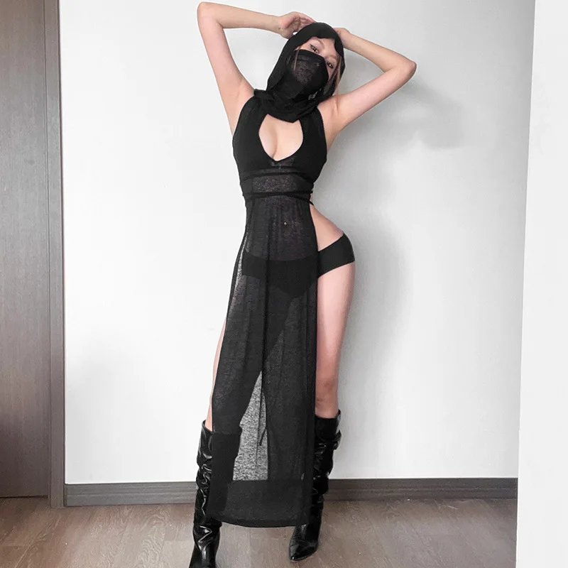 Sexy Costumes Woman Punk Gothic Dress Vintage Y2k Cyber See Through Cut Out Split High Waist Knitted Hooded Dress Cool Cosplay