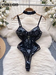 CHILLGIO Women Lace-up PU Bodysuits Fashion Bodycon Onesie Ins Hollow Erotic Catsuits One Piece Combination Faux Leather Rompers