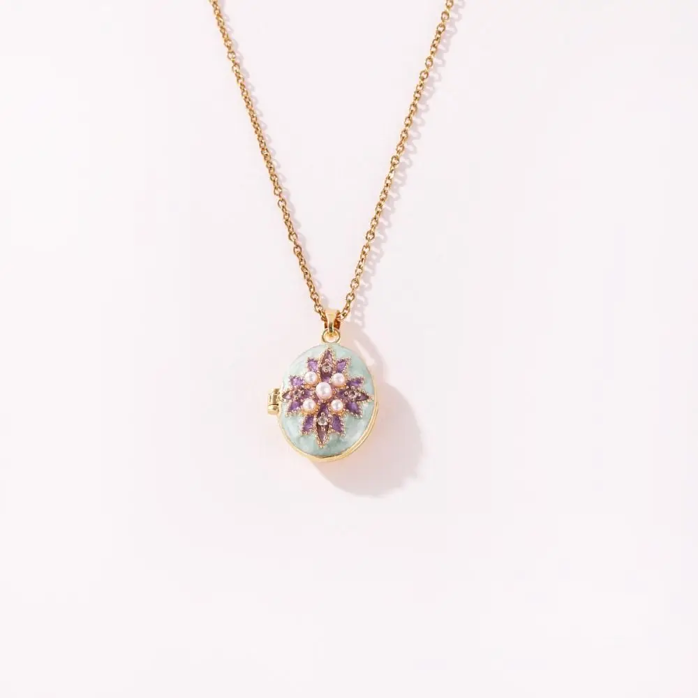 Brass Photo Locket Pendant Non-Fading Zircon Decoration Openable Photo Locket Openable Frame Pearl Decoration Vintage Enamel