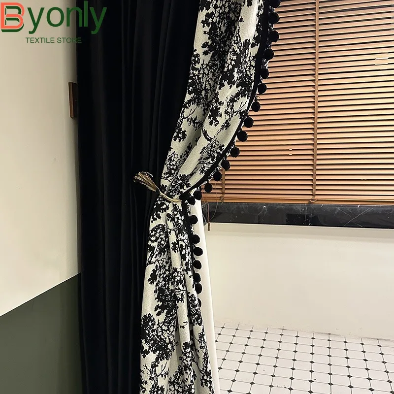 

Cashmere Cloth Black Jacquard Stitching Thickened Blackout Curtains for Living Room Bedroom Balcony French Window Customized