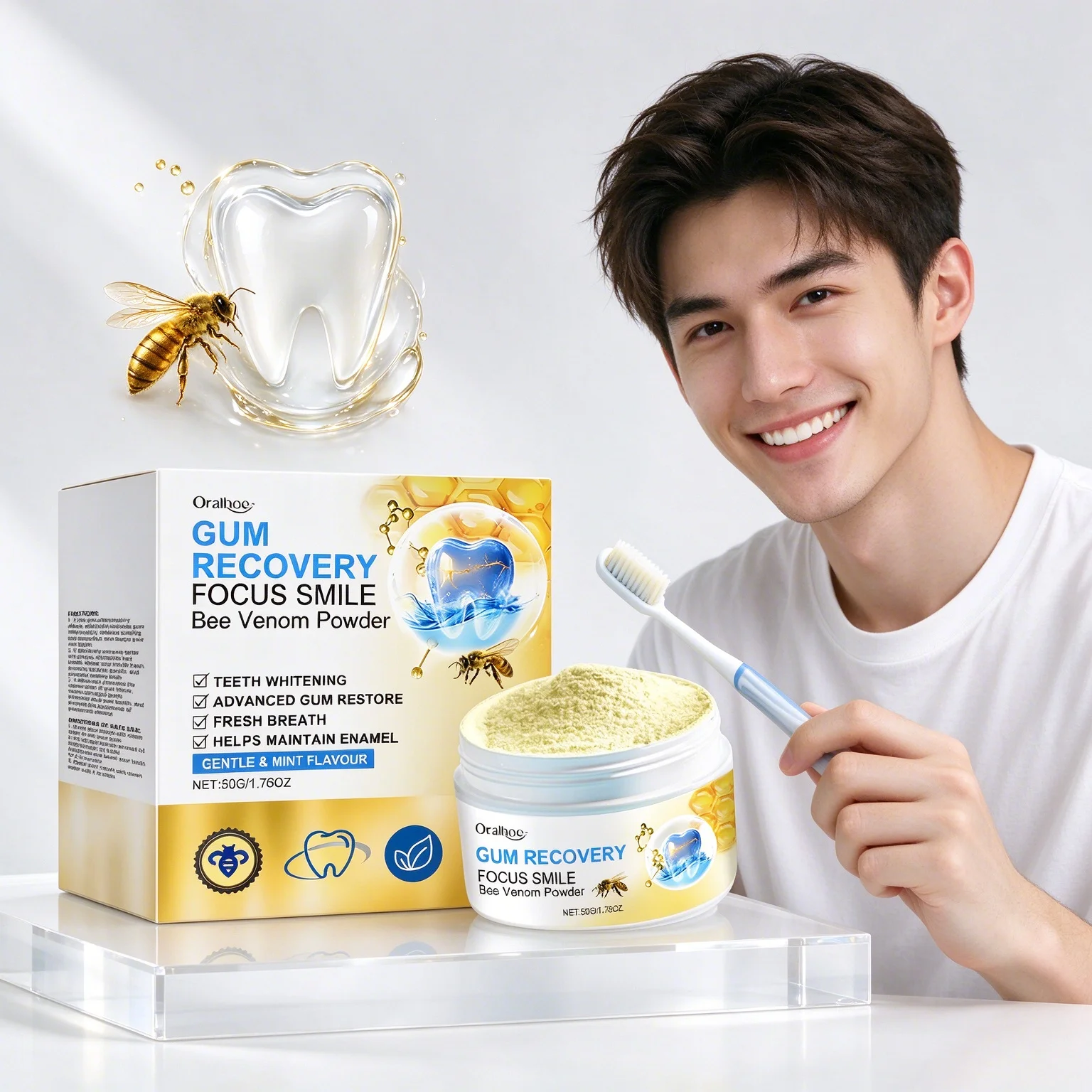 Bee Venom Repair Gum Powder Relieve Gingival Recession Swelling Plaque Caries Removal Reduce Oral Odor Teeth Cleaning Powder