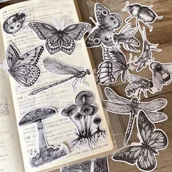 16pcs Black And White Retro Insect Dragonfly Butterfly Mushroom Ledger Sticker Diary Photo Album Mobile Phone Case Decoration