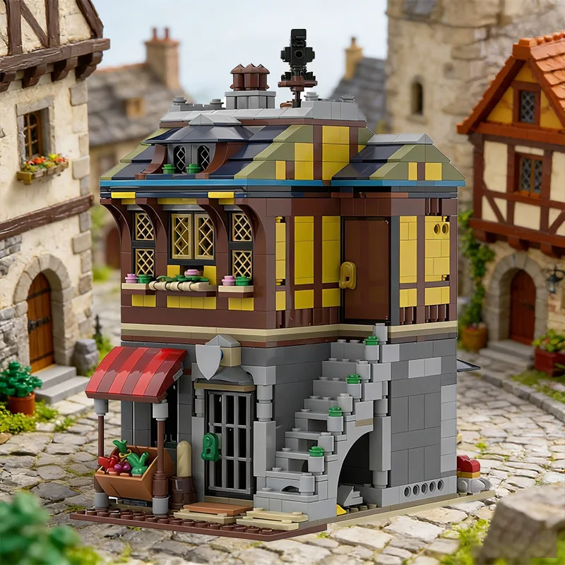 Set di Costruzioni da 1051 Pezzi, Casa del Commerciante Medievale MOC, Blocchi Modulari Personalizzabili, Giocattolo Tecnologico Popolare Fai-da-Te, Regalo per Festival
