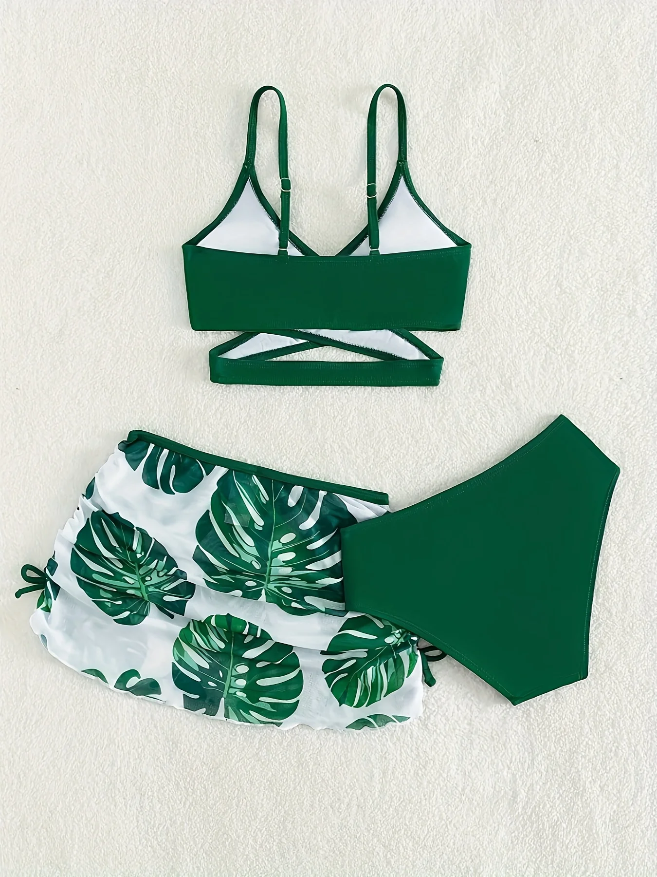 Women's Vacay Swimwear Set, Leaf Print High Cut Bikini with Cross Strap Top & Cover Up Skirt, Summer Beachwear Bikinis Sets