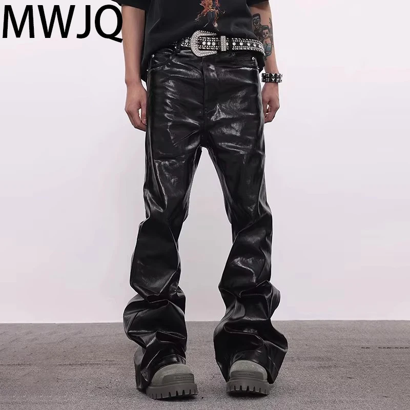 MWJQ Vintage RO Style PU Leather Pants Male American Coating Fashion Slmming Full Length Boot Cut Trousers Spring New 010063