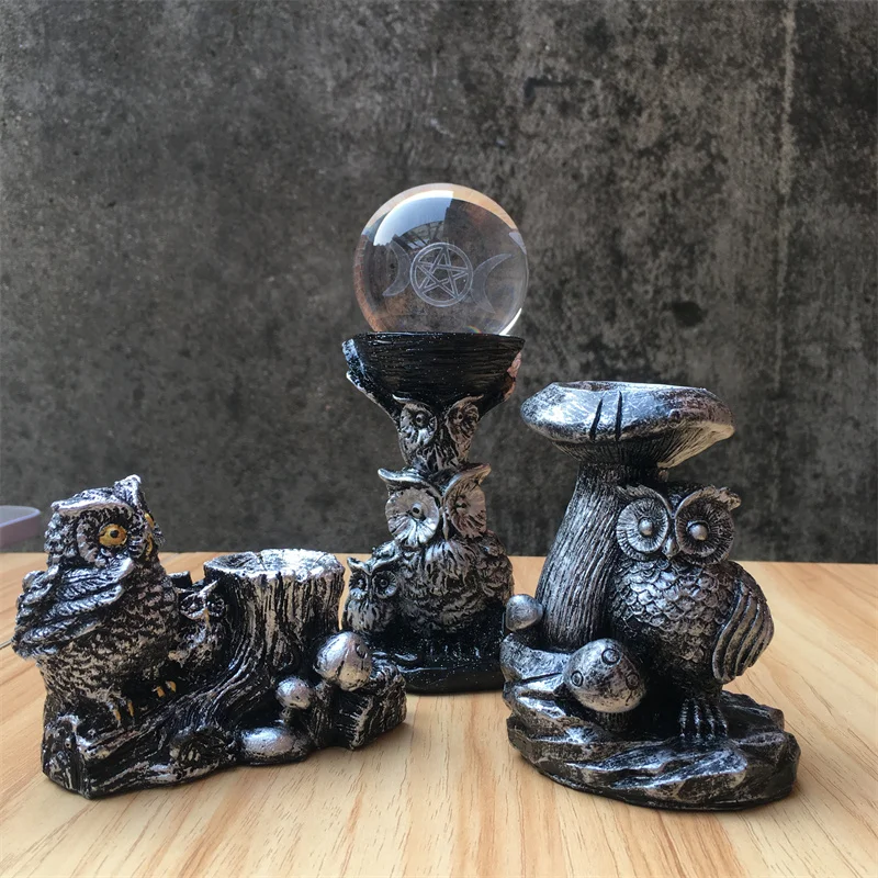 Resin Mushroom Tree Owl Figurine Statue Crystal Sphere Holder Ball Stand Display Base moon Sculpture For Office Home Decor Gifts