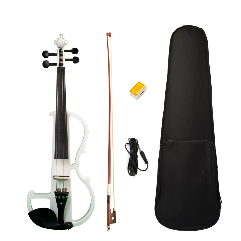4 String Electric Violin Fiddle Bridge Brazilwood Bow Foam Case Audio Cable White SET