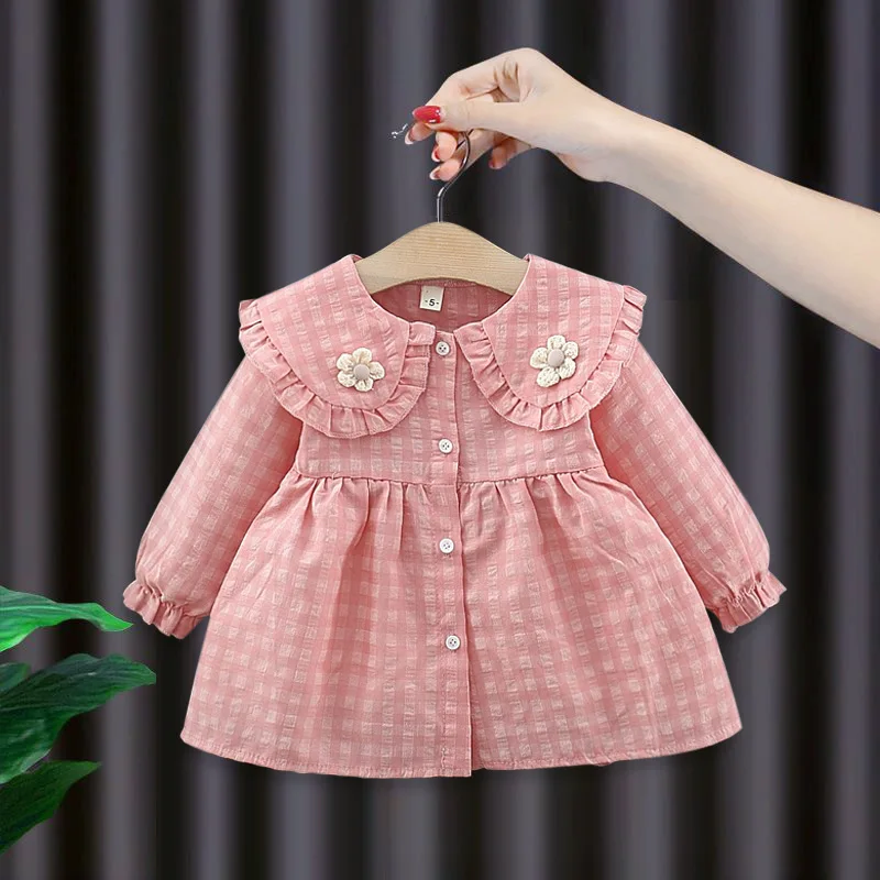 Spring newborn Baby Girls Clothes Plaid Flower Dress for toddler Girls Baby Cloth 1 Year Birthday Cardigan Shirt Dresses dress