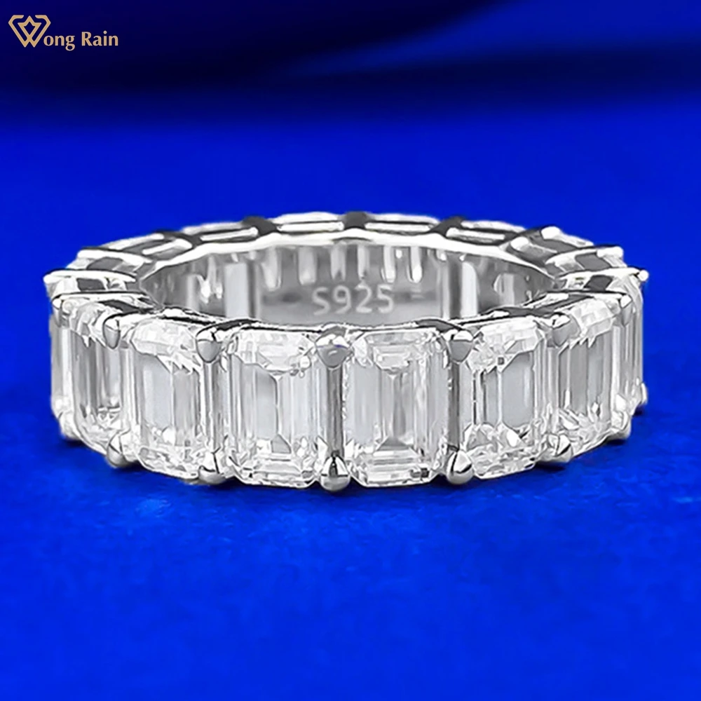 

Wong Rain Classic Solid 925 Sterling Silver Emerald Cut 4*6 MM Lab Sapphire Gems Row Ring for Women Wedding Band Fine Jewelry