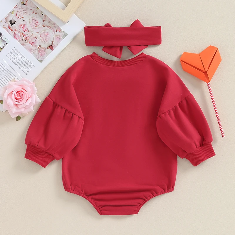 

Infant Baby Girl Valentines Outfit Long Sleeve Loved Romper Bodysuit Bow Headband Set 2Pcs Spring Clothes