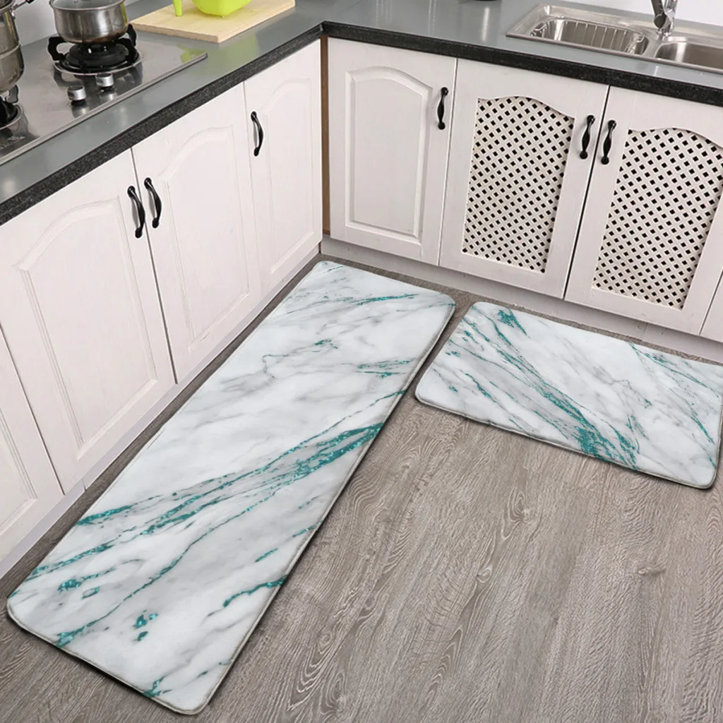 

Grey Marble Aqua Teal Metallic Glitter Kitchen Mat Floor Carpet Fashion Simple House Modern Home Decor ﻿