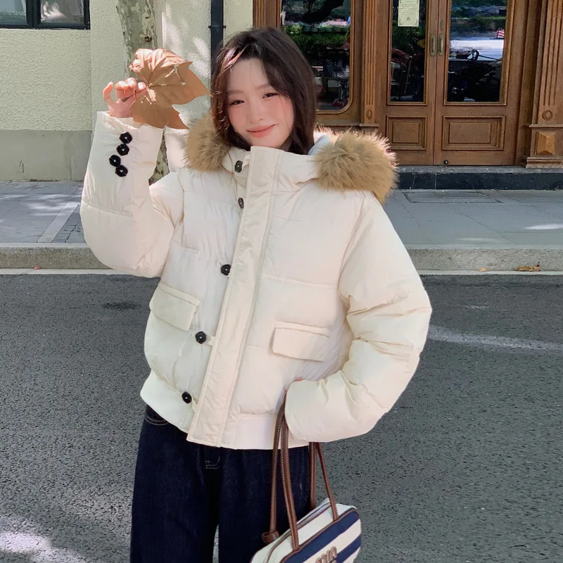 Cropped Faux Fur Collar Puffer Jacket Hooded Women Parkas Zip Up Korean Street Style Trendy Fall Layering Outerwear Cozy New
