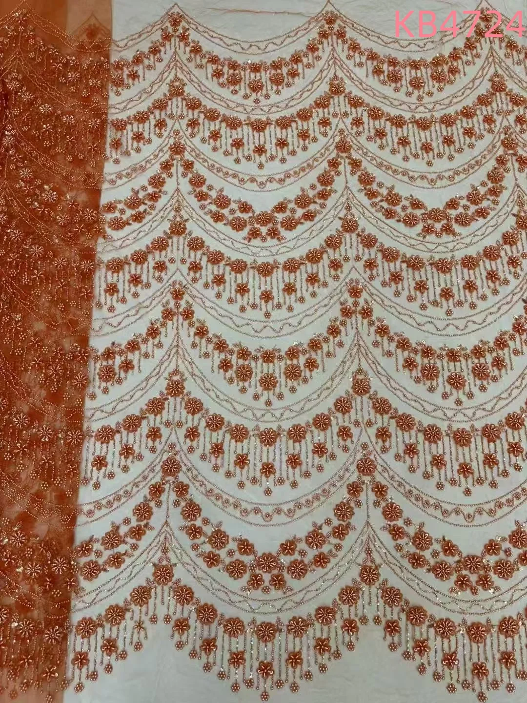 

Burnt Orange Beaded Lace Fabric Sequins French Lace African Lace Fabric 2024 High Quality White Beads Lace For Sewing KB4724