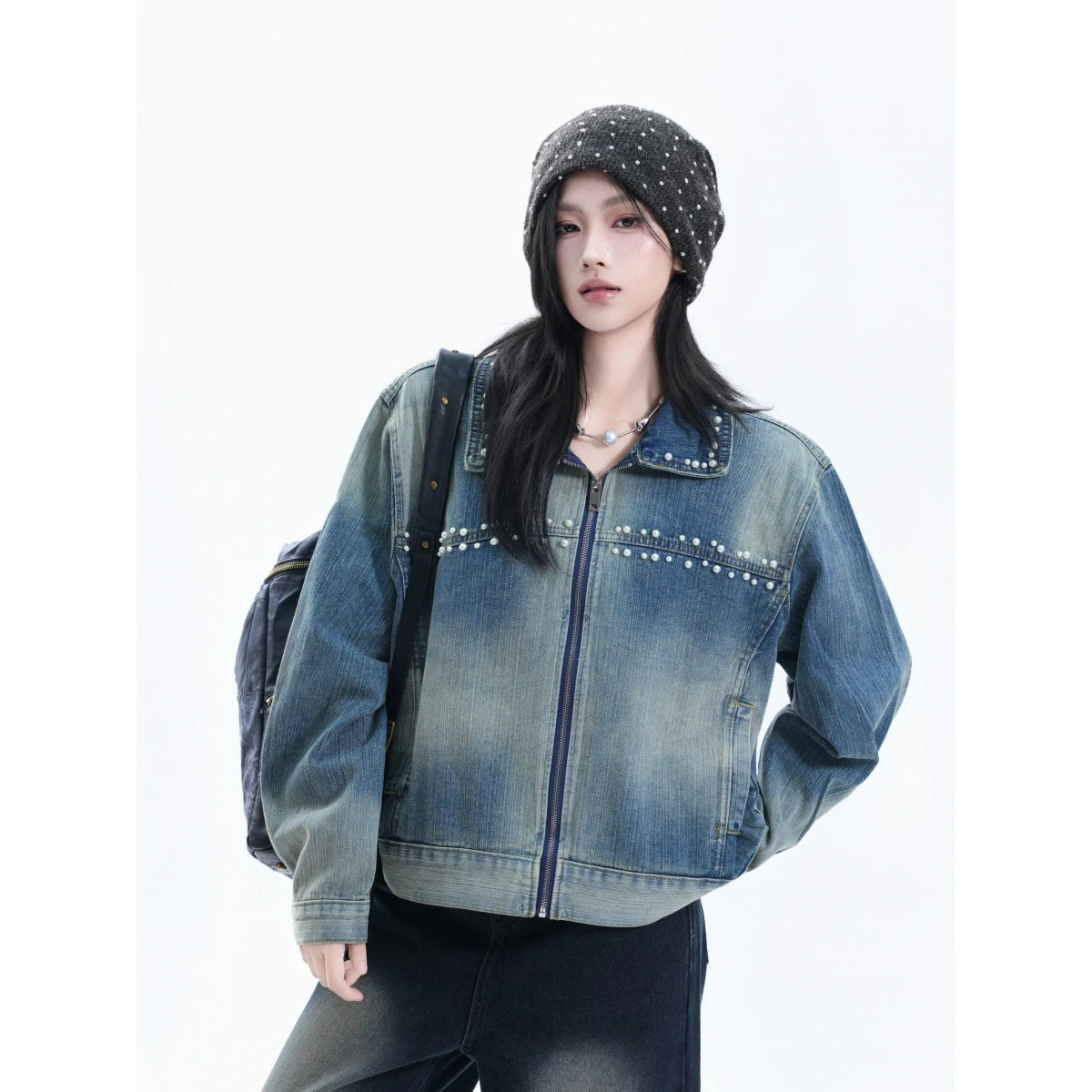 

Ретро-джинсовая куртка в американском стиле для женщин, свободный крой, сексуальный топ, полиэстер, хлопок, переработанное волокно, прямой подол, застежка-молния