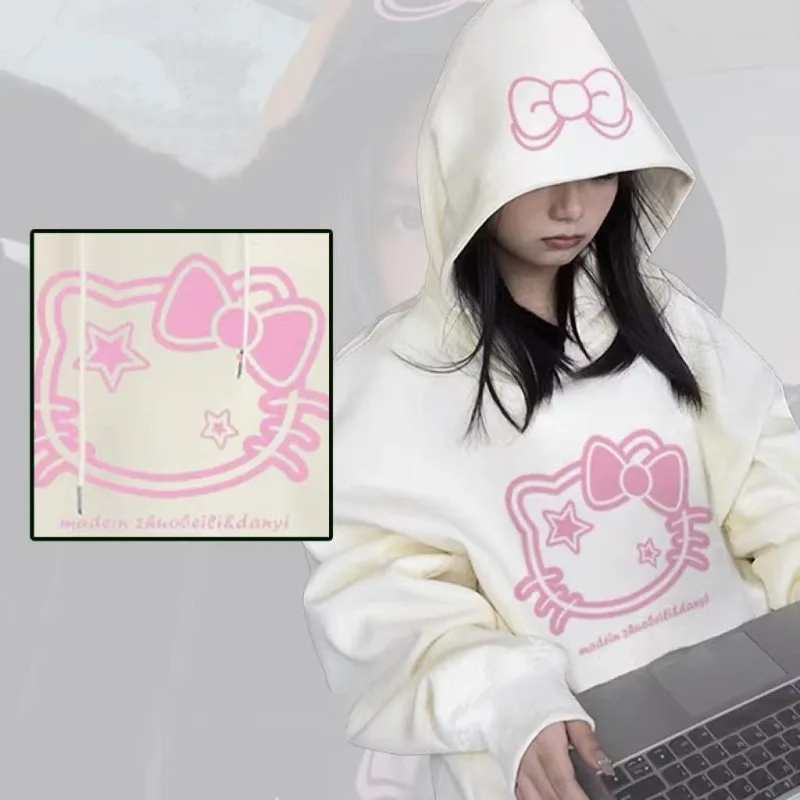 Spring Autumn New Cartoon Japanese Hello Kitty Printed Hoodies Women White Loose Kawaii Clothes Student K Pop Clothes Sweatshirt