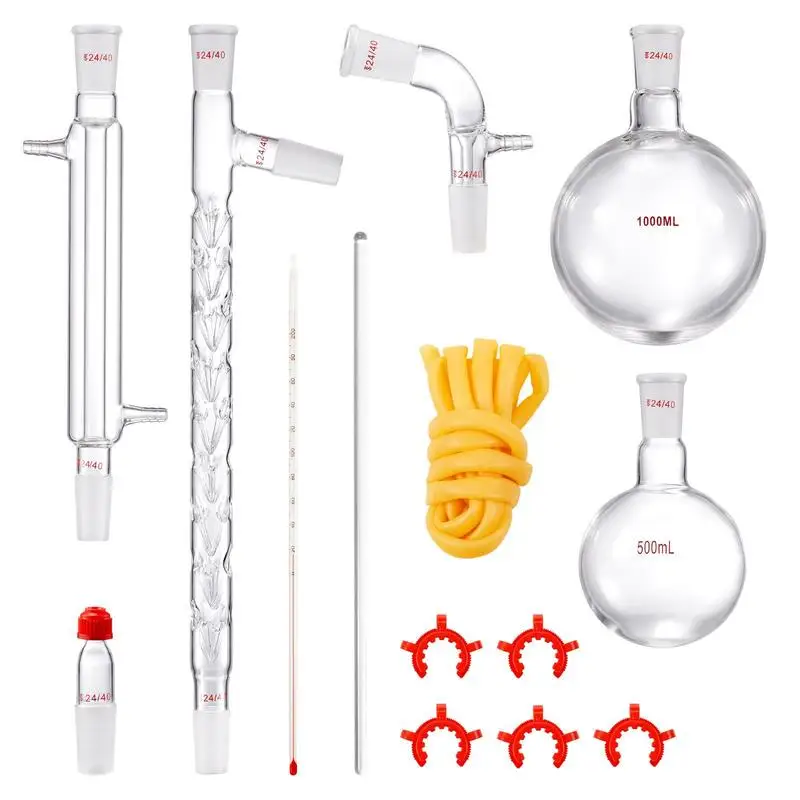 

Chemistry Refining Apparatus 1000ml For Essential Oil Extraction Herbal Processing Steam Distillation 14 Pieces 3.3 Borosilicate Glassware 24/40 Interchangeable Joints Laboratory Scientific Equipment
