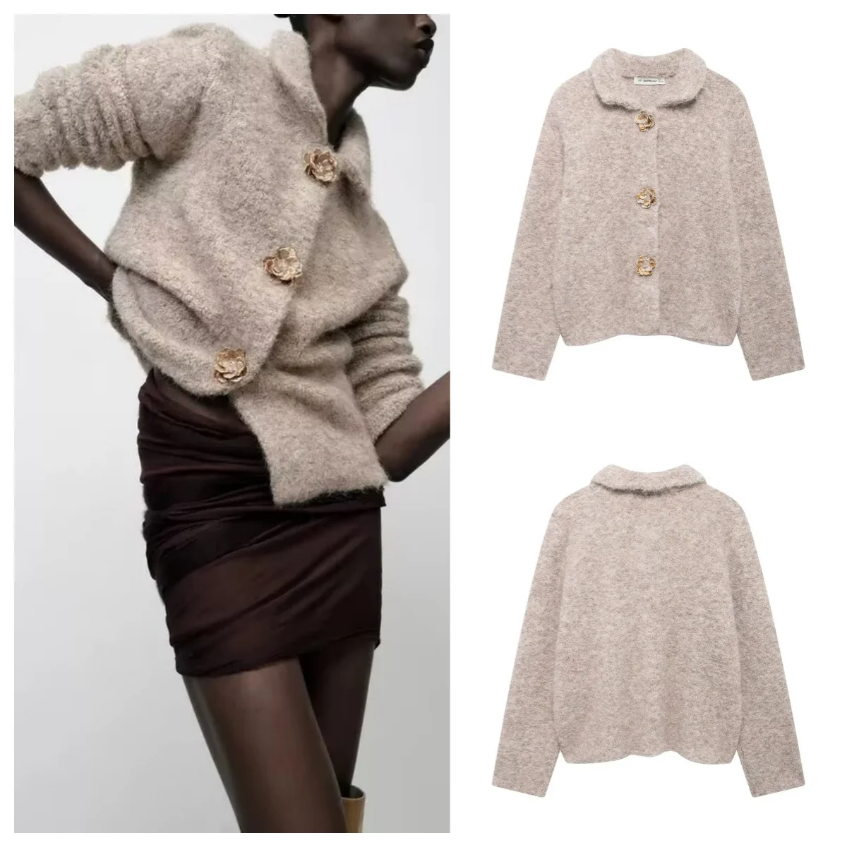 European and American style new style lapel artificial fur flower button knitted cardigan women's fashionable all-match sweater