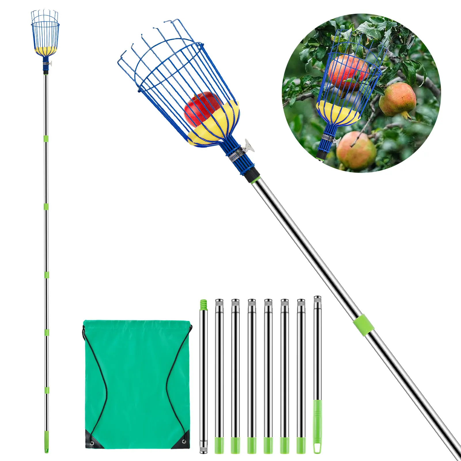 

Fruit Picker with Basket Stainless Steel Fruit Picking Pole Tool Adjustable Length Orange Catcher Pole High Reach Fruit Grabber