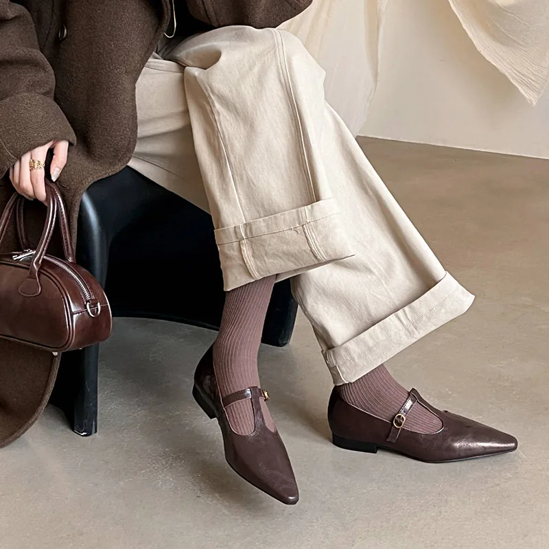 امرأة الشقق أبازيم ماري جين الربيع أحذية بسيطة الفتيات أشار تو الأحذية الرجعية T-حزام جلد طبيعي أحذية أنيقة #6