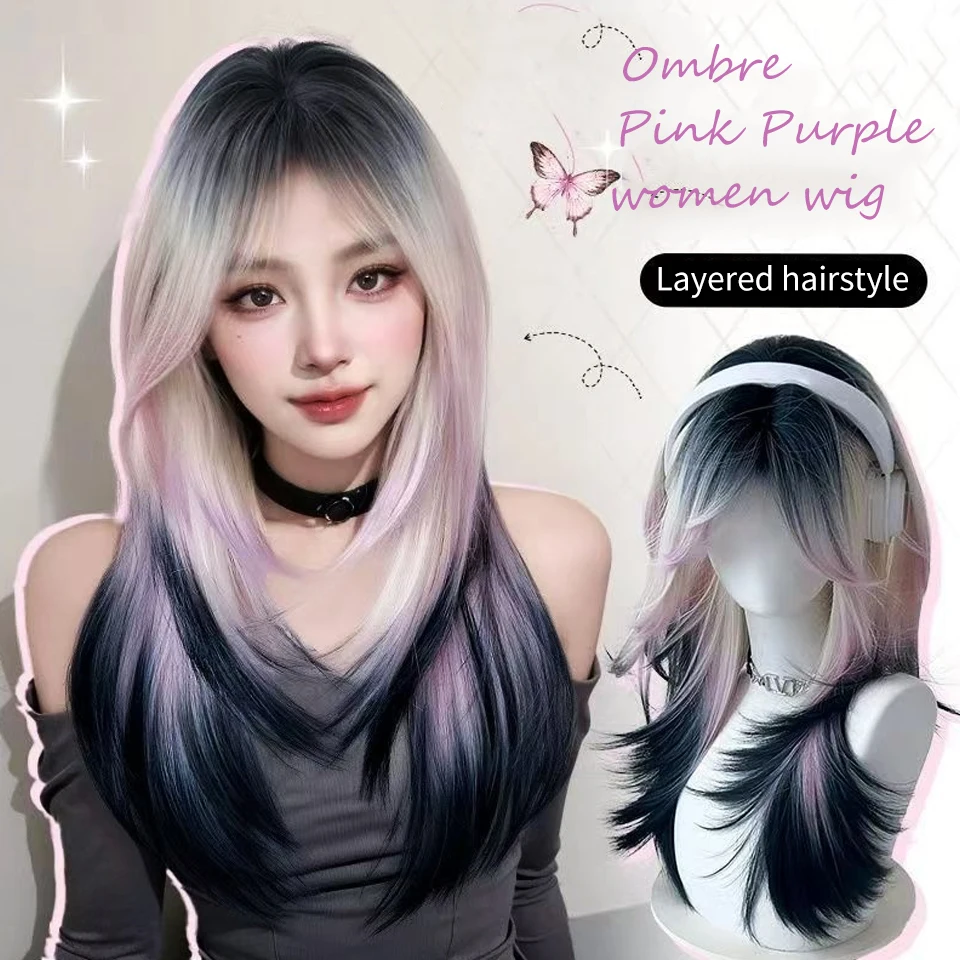 Ombre Black Pink Synthetic Wigs for Cosplay Long Straight Layered Wigs with Bangs for Women Heat Resistant Fake Hair