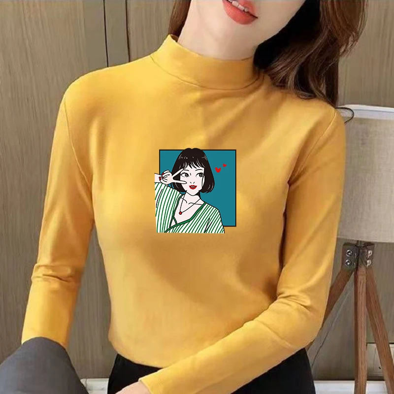 Winter Women's Thermal Brushed Fleece Half Mock Neck Long Sleeve T Shirt Pop Art Girl Sign Graphic Warm Slim Tee