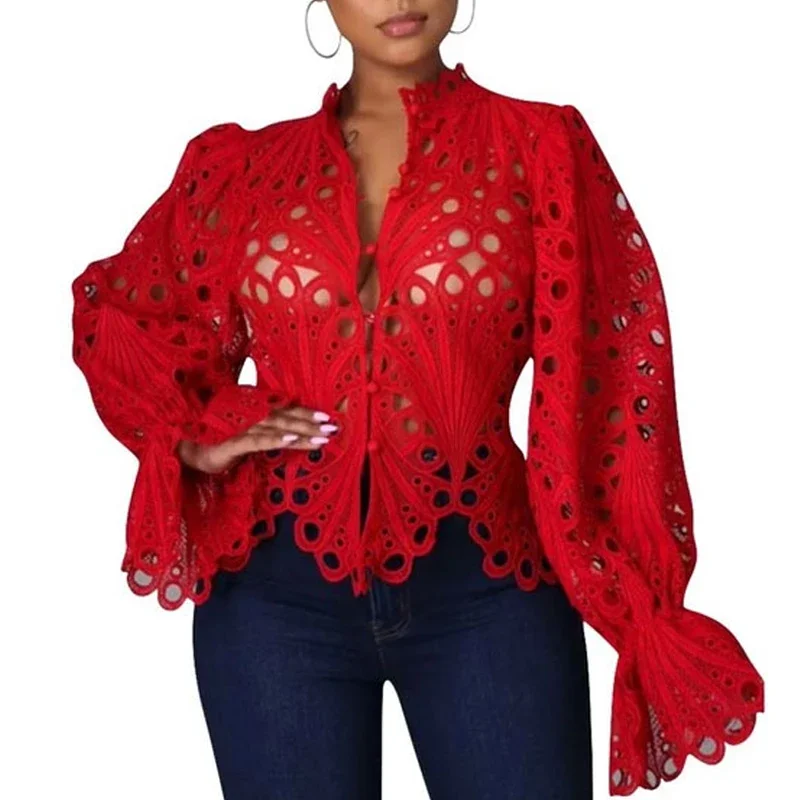 Casual Lantern Long Sleeve Stand Collar Shirts Sexy Lace Hollow Out Short Blouse Female Elegant Red/Pink/White Loose Tops 18939