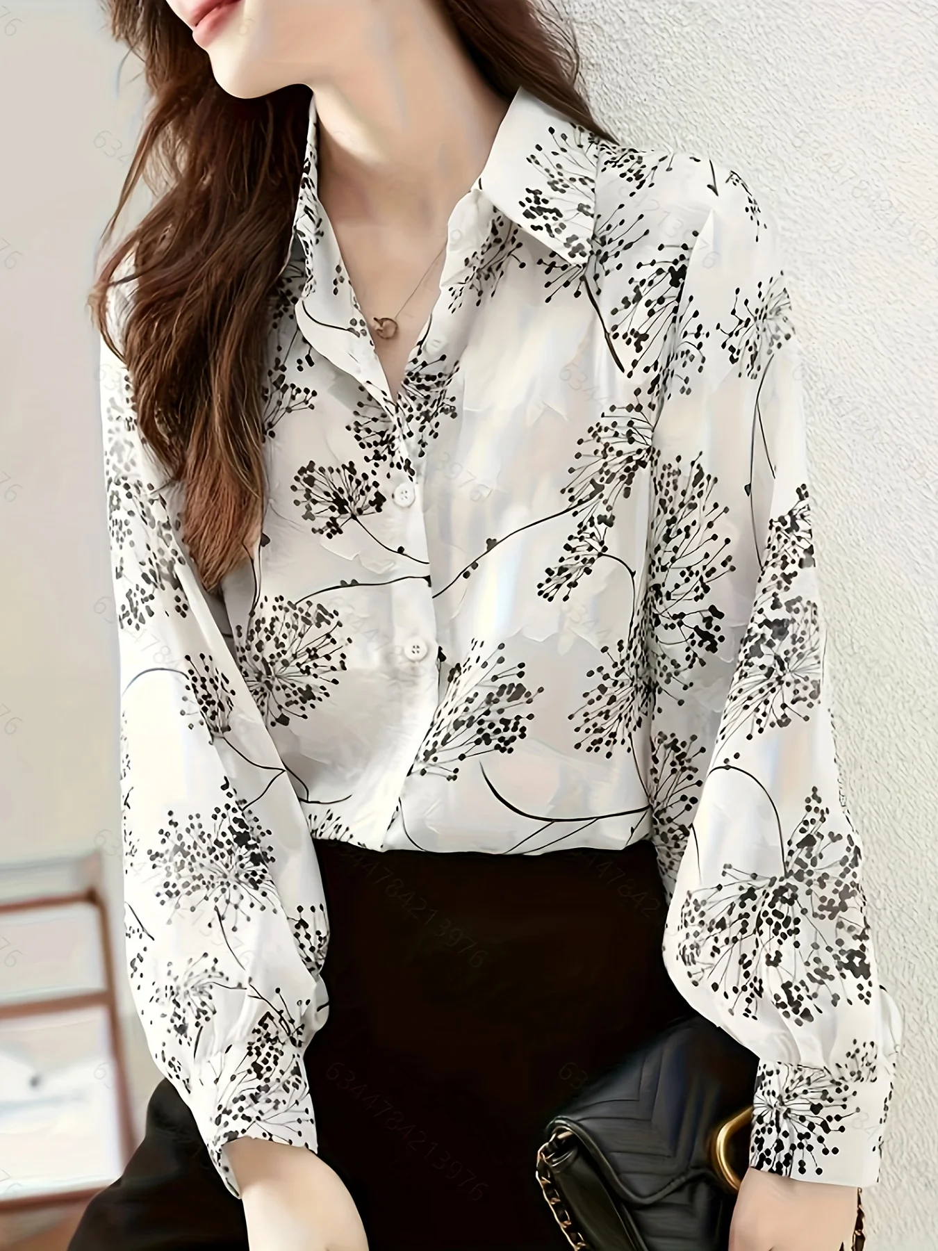 Spring and autumn new French print fashion loose thin lapel long sleeve chiffon shirt blouse for women