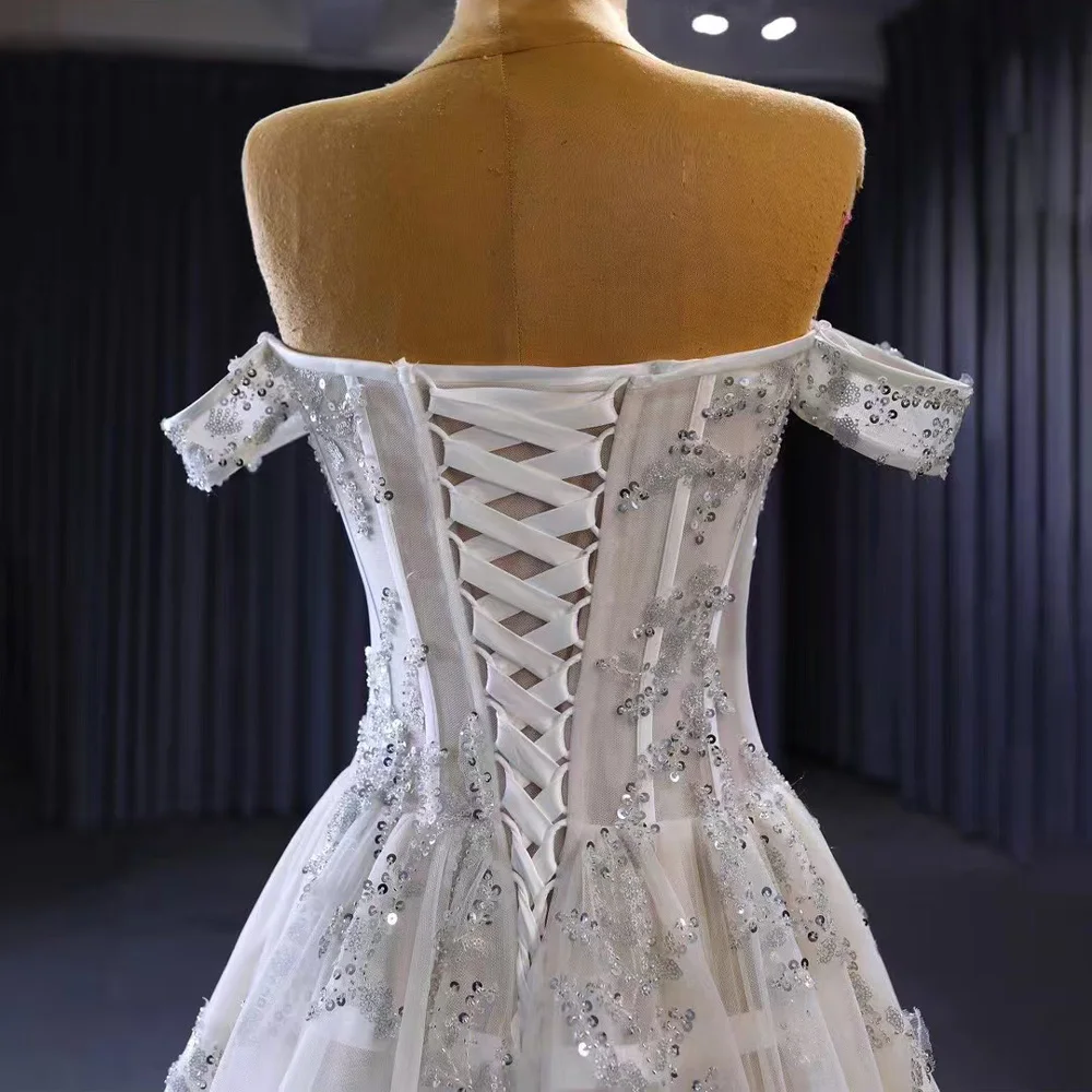 Luxury Strapless Off-The-Shoulder Bridal Dress Lace-Up Back Sequined Wedding Gown Customizable