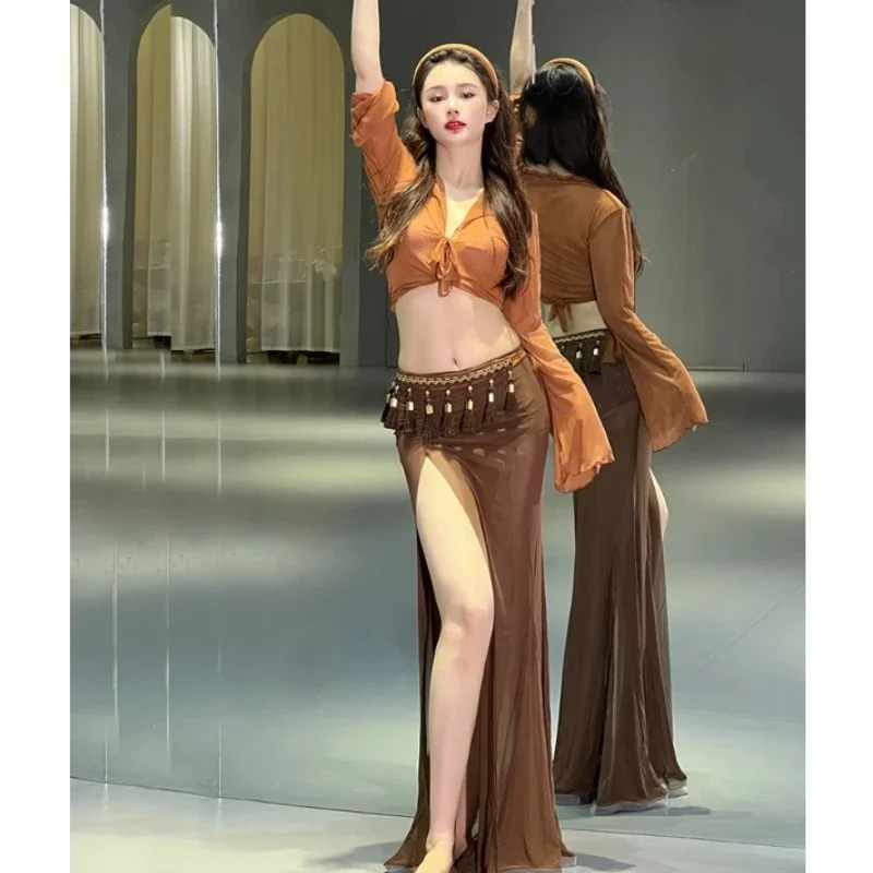 Belly Dancing Training Clothing for Women\'s Long Sleeved Mesh Top+Split Long Skirt Oriental Dance Professional Practice Clothes