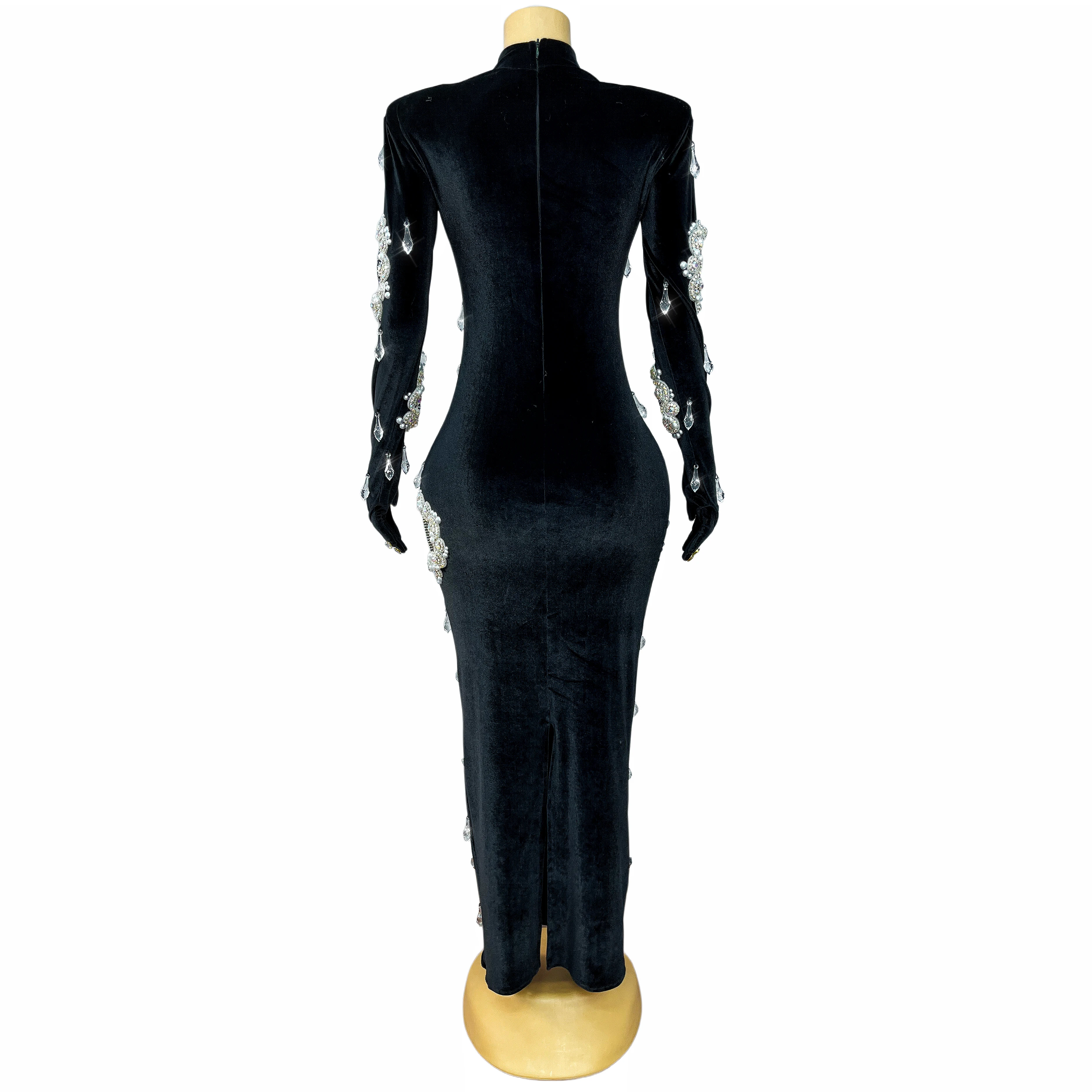 High-end Designed Twinkling Crystals Pendant Trim Fit Velvet Dress Women Evening Cocktail Party Gown Red Carpet Show Outfit Xiao view 3