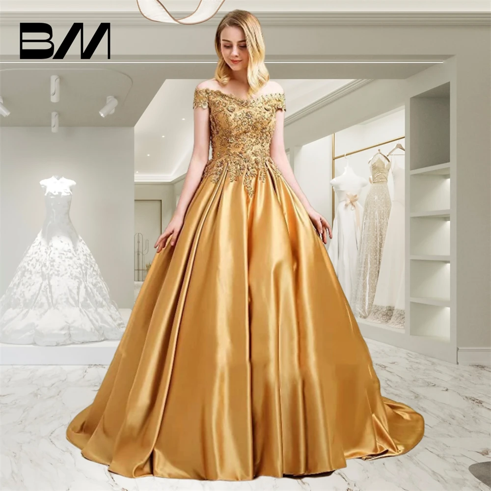 

Off Shoulder Prom Dresses Satin Long Ball Gown Quinceanera Satin Lace Formal Evening Gowns with Pockets 2024