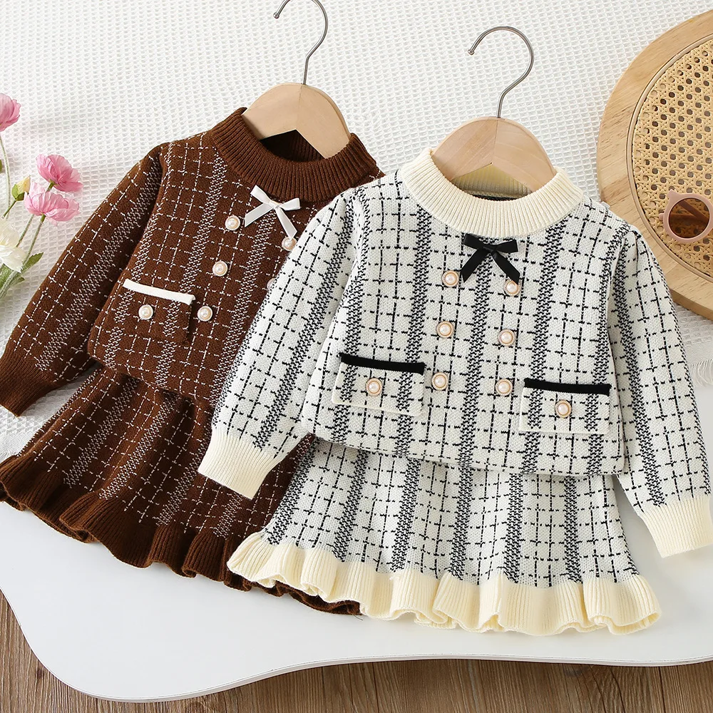 

Girls Knitted Clothing Sets Spring Autumn Children Woolen Jersey Sweaters Tops Coats Skirts Kids Princess Suit For Baby Outfits