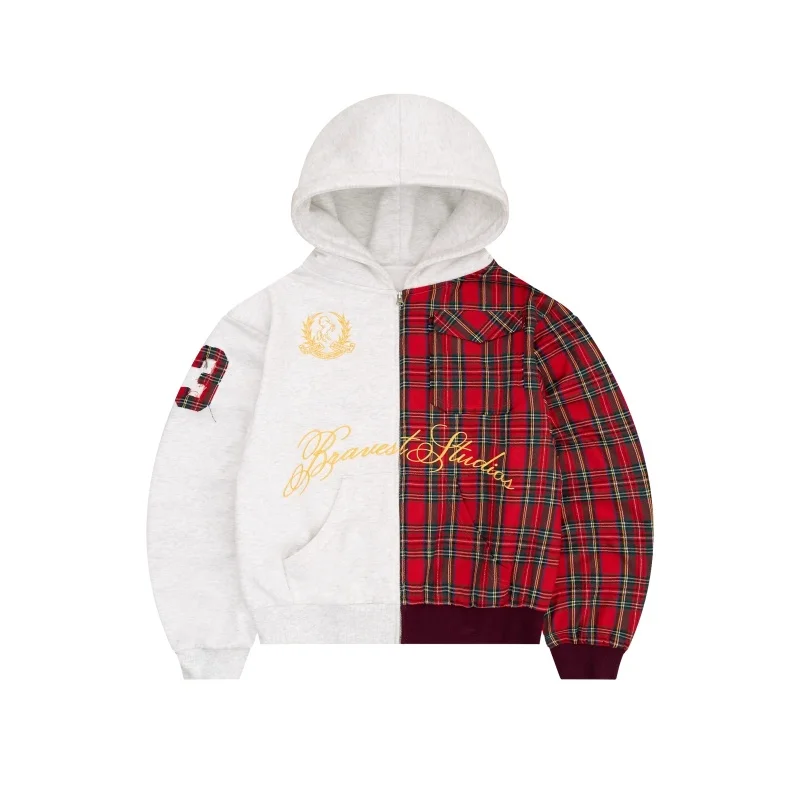 2025 Autumn/Winter European and American Harajuku New Street Plaid Double Color Splicing Embroidered Warm Design Zipper Hoodie