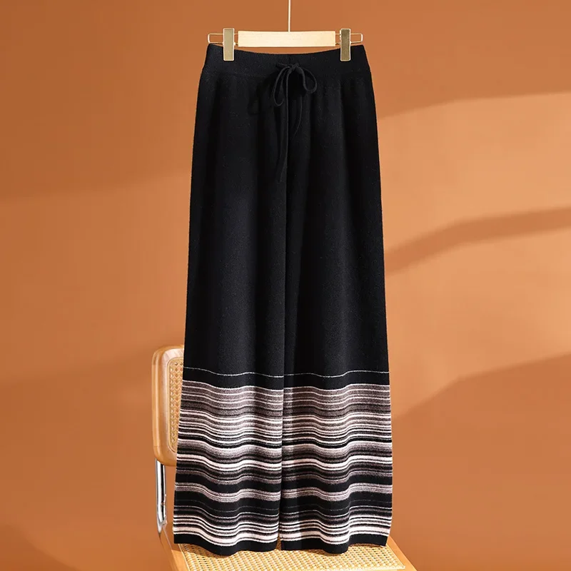 Tcyeek Women 100% Wool Pants Wide Leg Striped Pants Autumn Winter Thick Casual Wool Knitwear Trousers Soft Warm Knitted