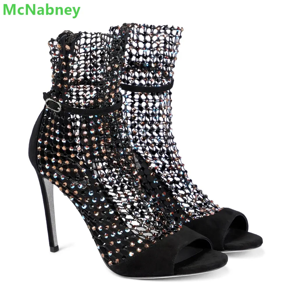 Mesh Gleaming Crystals Hollow Boots For Women Luxury Designer Back Zipper Peep Toe Thin High Heel Solid Fashion Summer Shoes