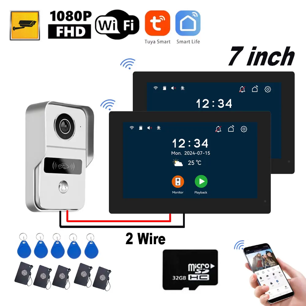 New Hot 2-Wire HD 1080P 7 inch lP Video Intercom Kit Color Touch Screen Wifi Doorbell for RFID Access Control System