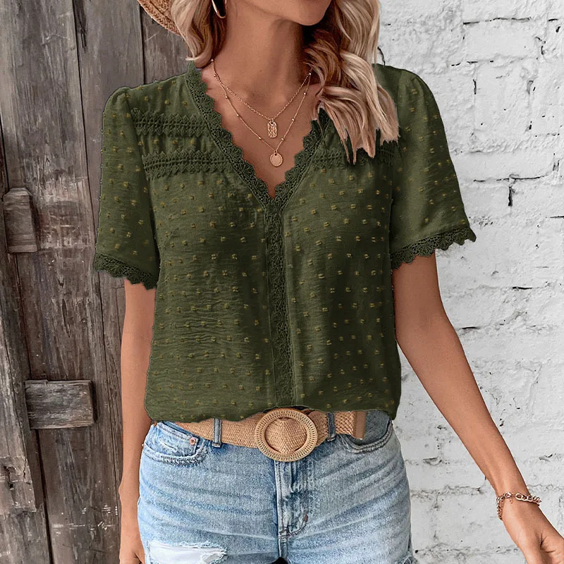 New Summer Casual Top V-neck Lace Solid Color Short Sleeved Shirt for Women