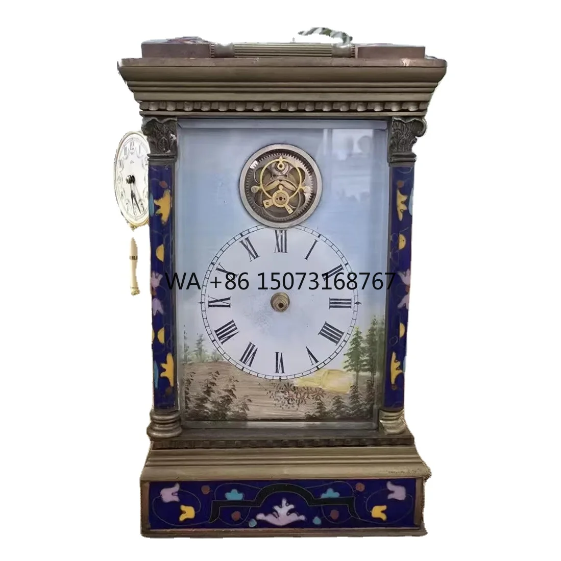 

18th French Blue Cloisonne Enamel Brass Cased Porcelain Painting Dial Tourbillon Movement 8 Day Repeater Carriage Travel Clock