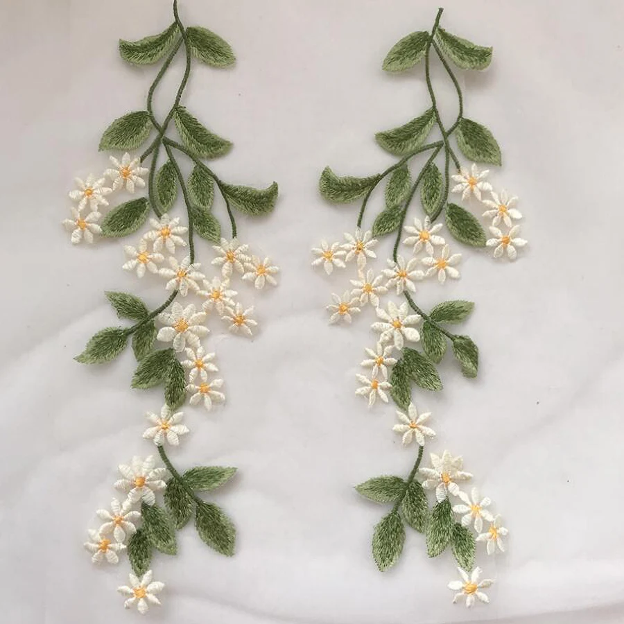 1Pairs Green Leaf Daisy Flower Patch Sewing Applique Crafts Repair Decoration 34*12CM
