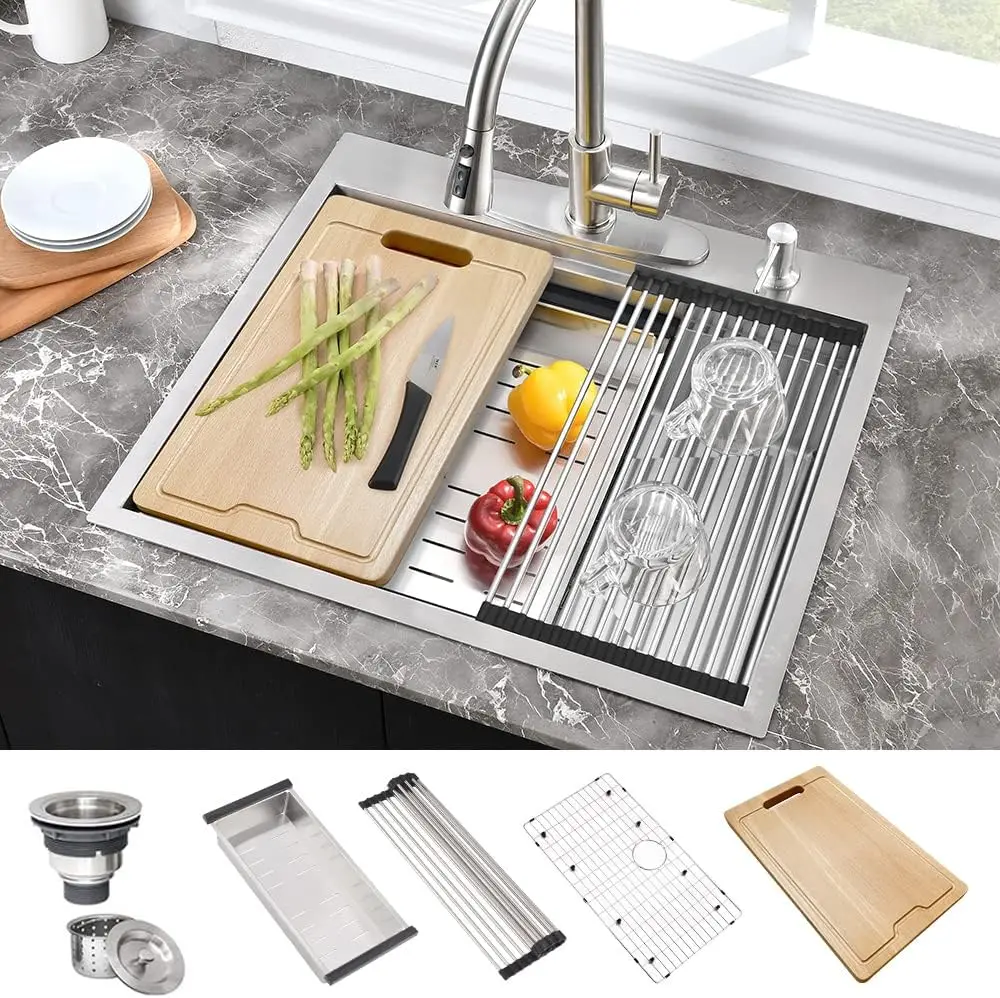 

25 Inch Stainless Steel Kitchen Sink Drop In Workstation-Hovheir 25x22 Drop In Kitchen Sink