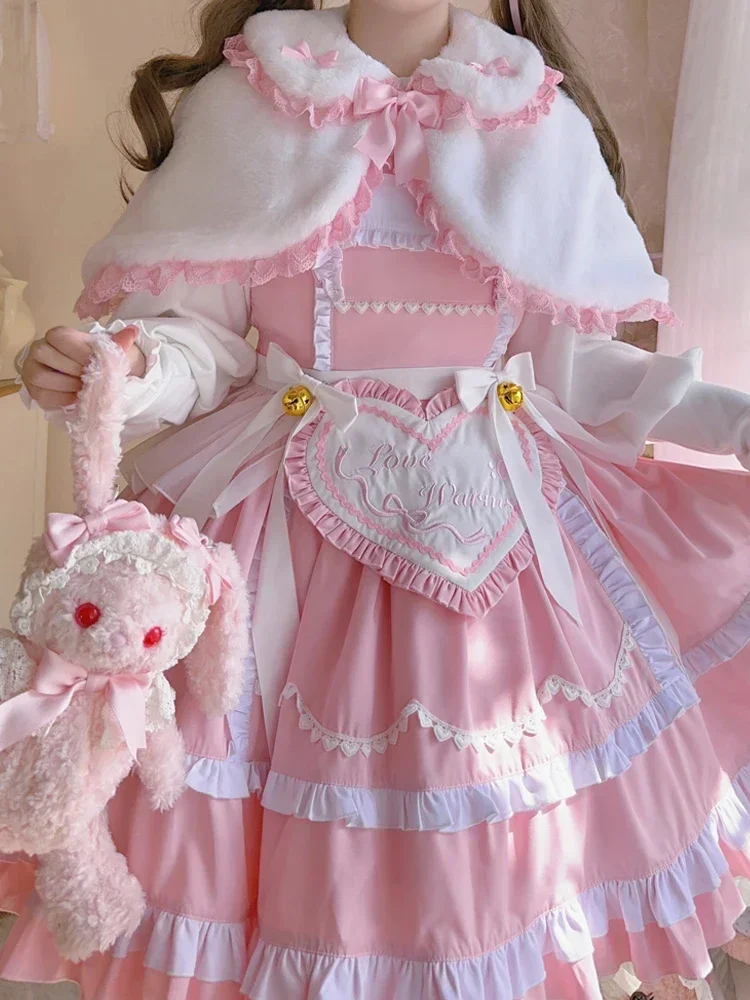 

Japanese Preppy Winter Sweet Peter Pan Collar Cloak Coat Kawaii Bow Rabbit Ear Loli A-Line Lambhair Short Outerweat