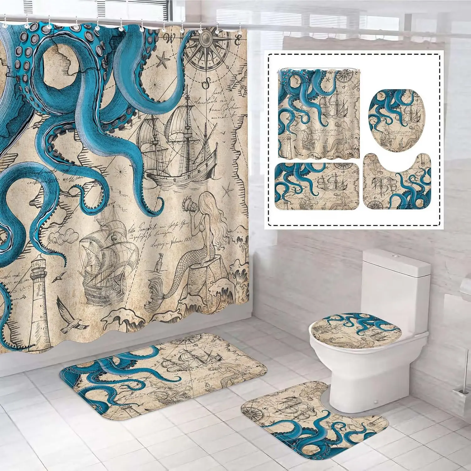 

4-х шт., винтажная морская занавеска для душа в виде осьминога с ковриком, наборы для ванной комнаты в стиле ретро с водонепроницаемой занавеской для душа и без Sl