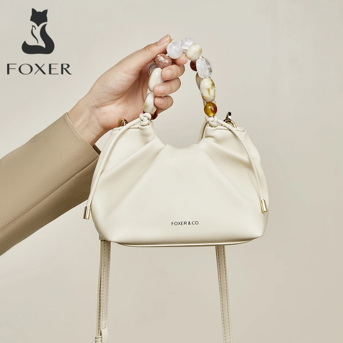 

FOXER 2025 Winter Chic Women's Beaded Handbag Fashion White Signature Crossbody Bag New Cloud Bag with Large Storage