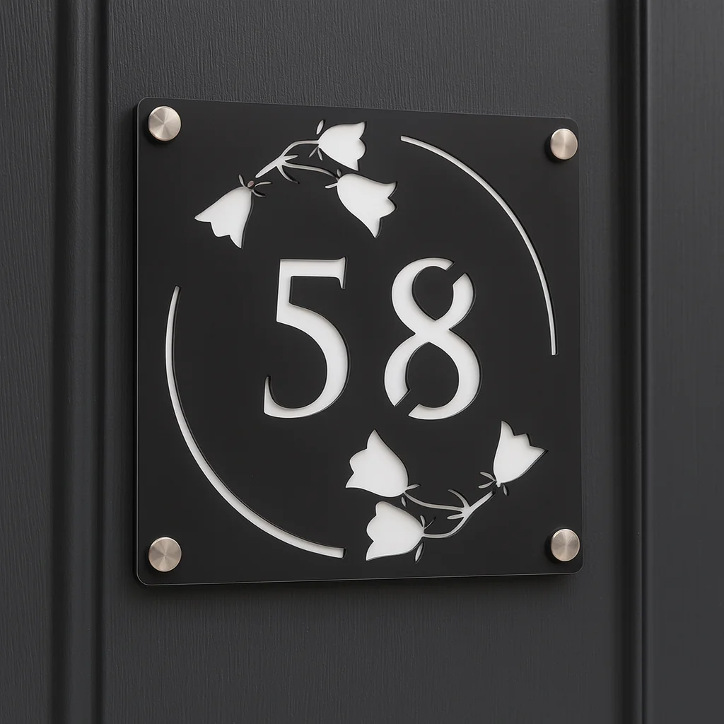 

Современный цветок, персонализированный индивидуальный акриловый знак с номером дома, лазерная резка, цветочная адресная табличка, уличный 3D номерной знак, сад