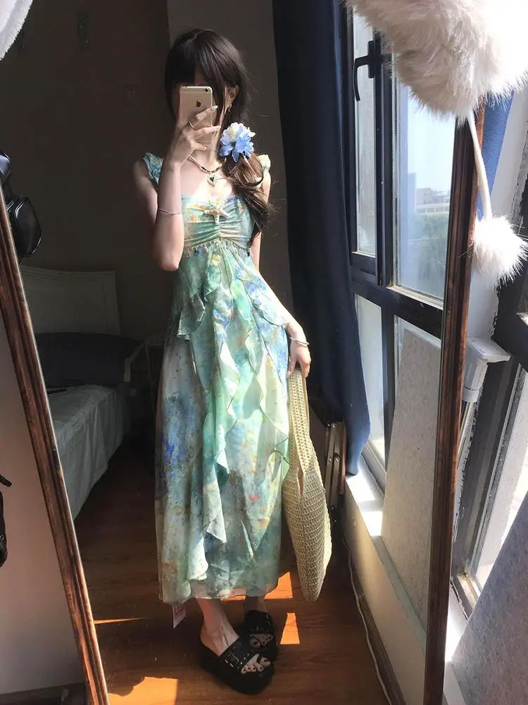 Ele Sommer Blumendruck Lang Dr Damen Trägerkleid Hohe Taille A-Linie Silhouette V-Neline Casual Vintage Sle