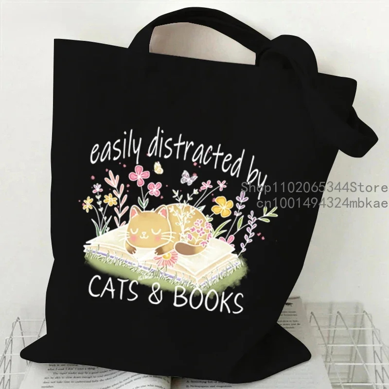 Shoulder Bag Books Owl and Cat Canvas Tote Bag Women Wildflowers Bookworm Lovers Shopping Bag Animal Reading Female Handbags
