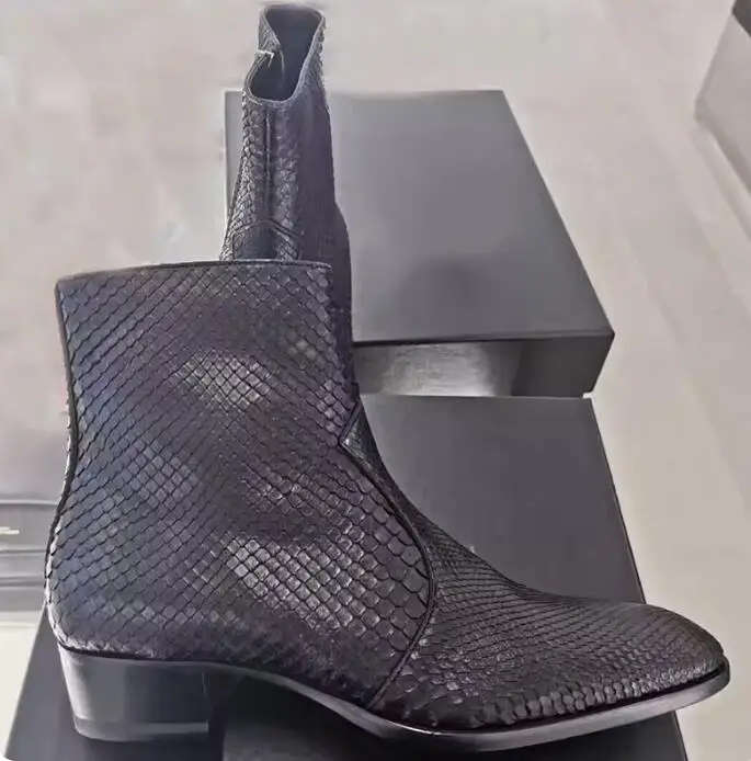 British Style Python Cow Leather Chelsea Boots Med Chunky heels Men Snakeskin Pointed Toe Ankle Boots Man Hombres